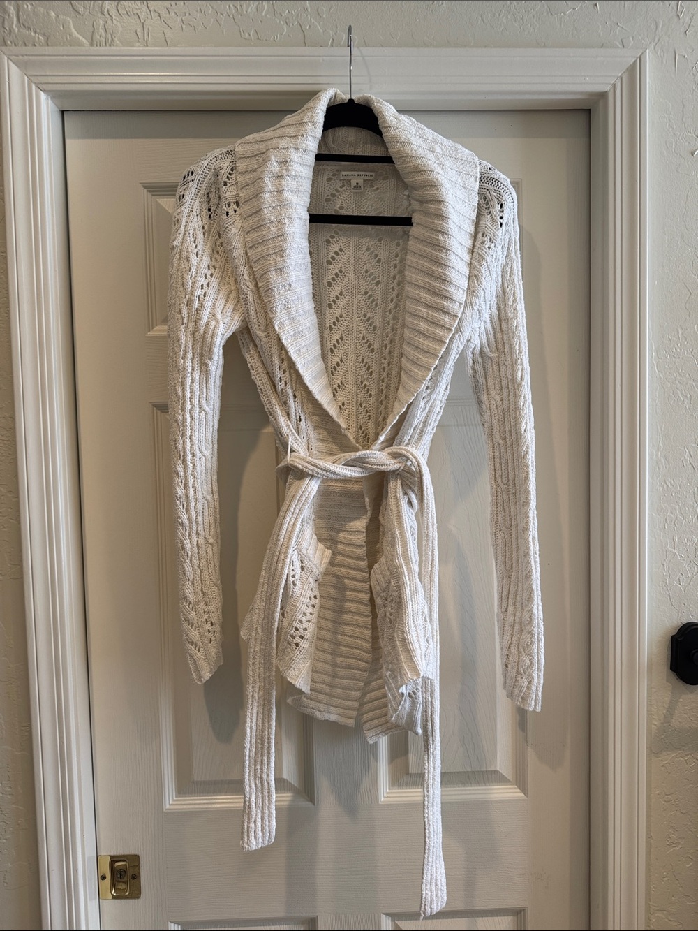 Banana Republic White Open-Front Tie-Waist Cable Knit Cardigan